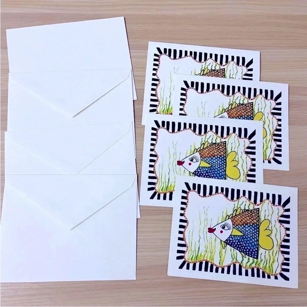 Watercolor Prints Art Greeting Cards Set Of 4 Blank Fish Envelopes Whimsical
